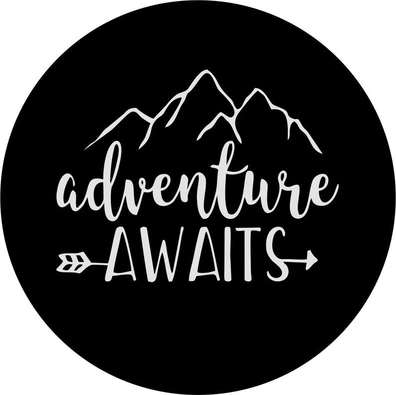 Adventure Awaits Mountain & Aarow Black Spare Tire Cover