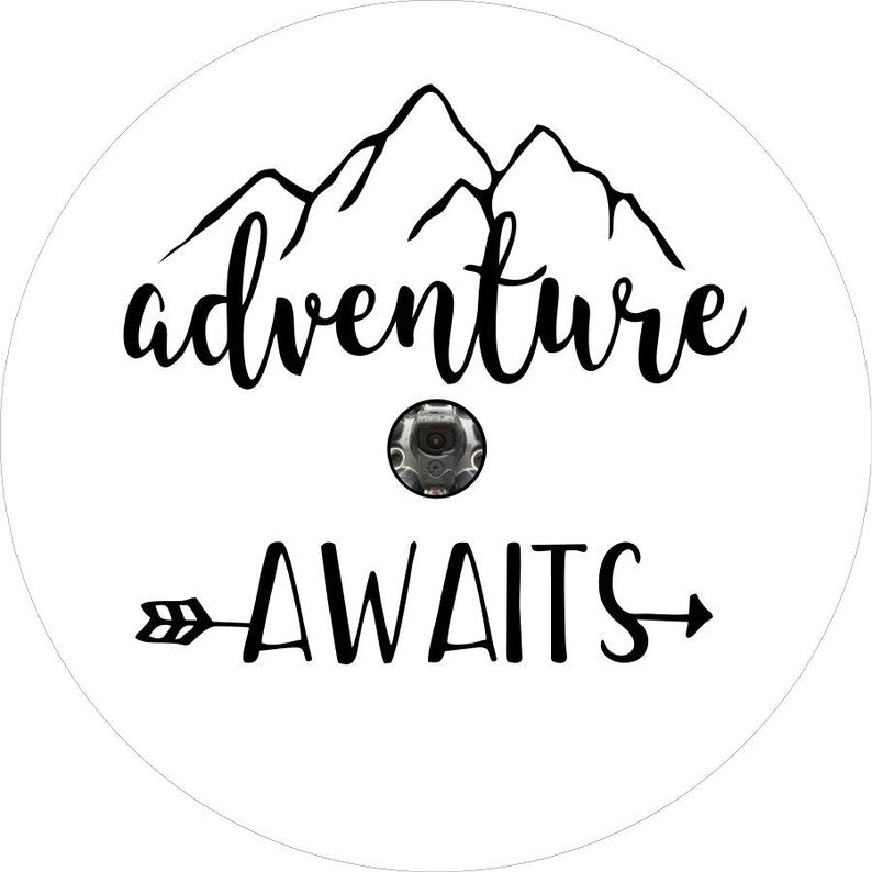 Adventure Awaits Mountain & Aarow White Spare Tire Cover