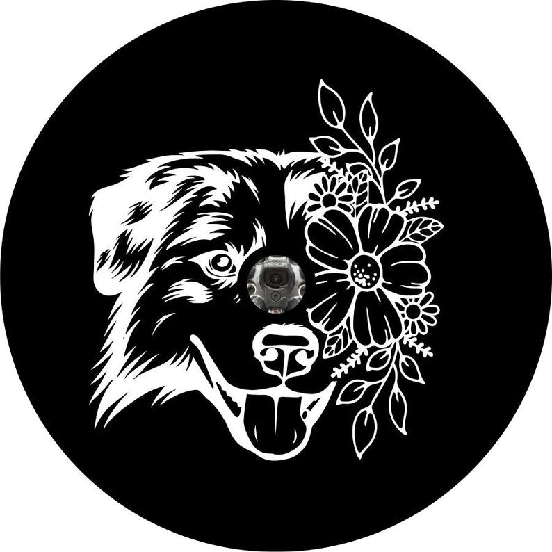 Australian Shepherd With Flowers Black Background Spare Tire Cover