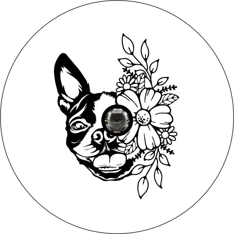 Boston Terrier With Flowers White Spare Tire Cover