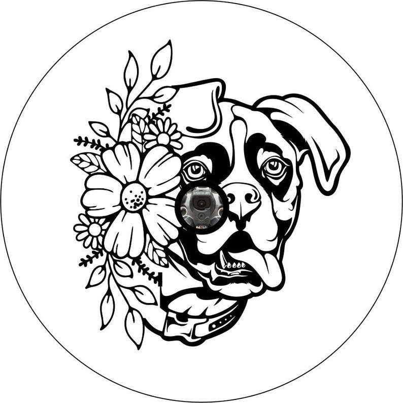 Boxer With Flowers White Spare Tire Cover