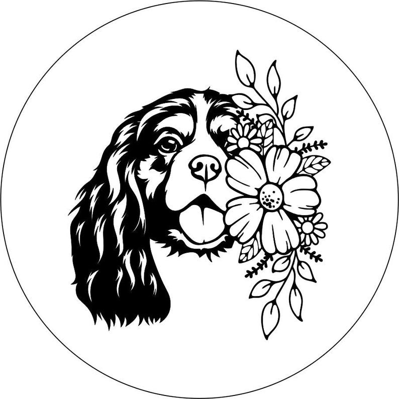Cavalier King Spaniel With Flowers White Spare Tire Cover