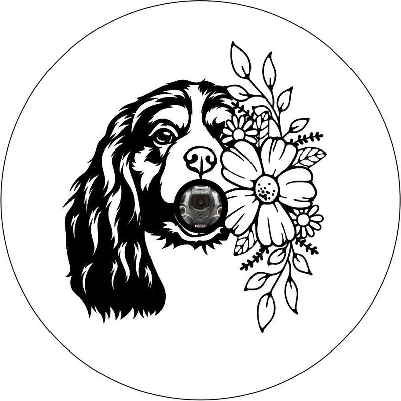 Cavalier King Spaniel With Flowers White Spare Tire Cover