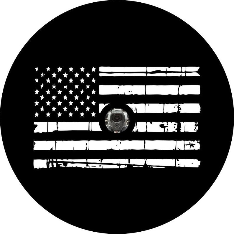 Distressed American Flag Black Spare Tire Cover