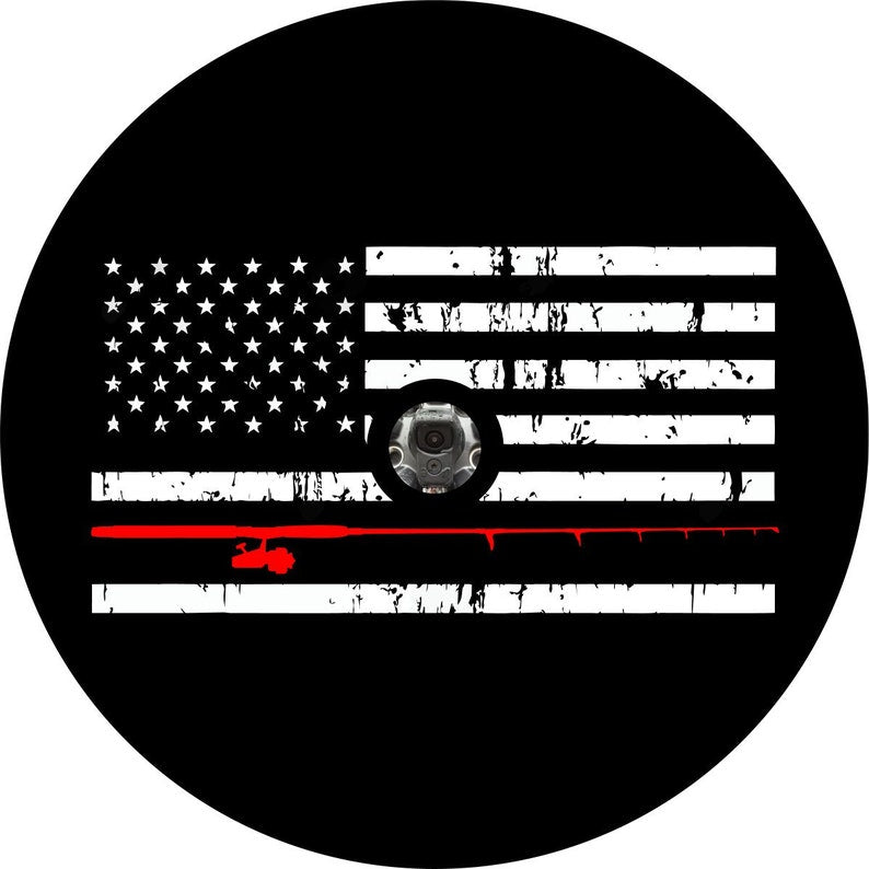 Distressed American Flag Fishing Pole Black & Red  Spare Tire Cover