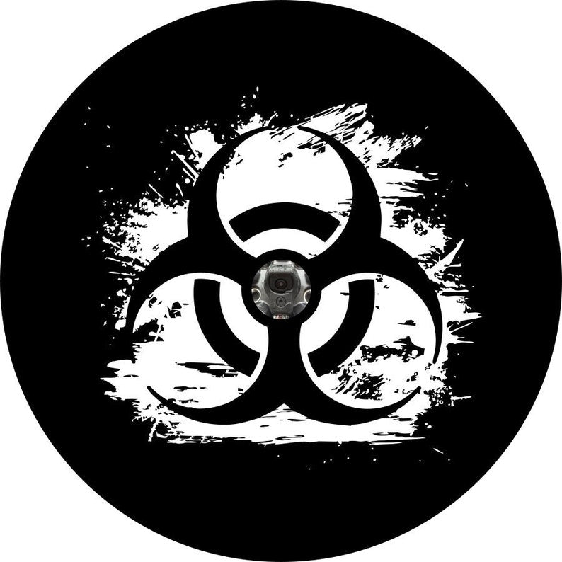 Distressed Bio Hazard Warning Black Spare Tire Cover