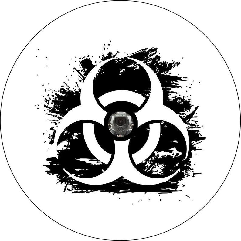 Distressed Bio Hazard Warning White Spare Tire Cover