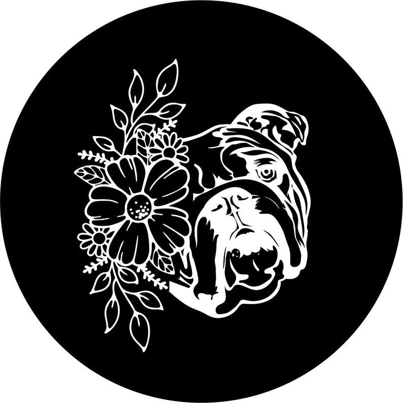 English Bulldog With Flowers Black Spare Tire Cover