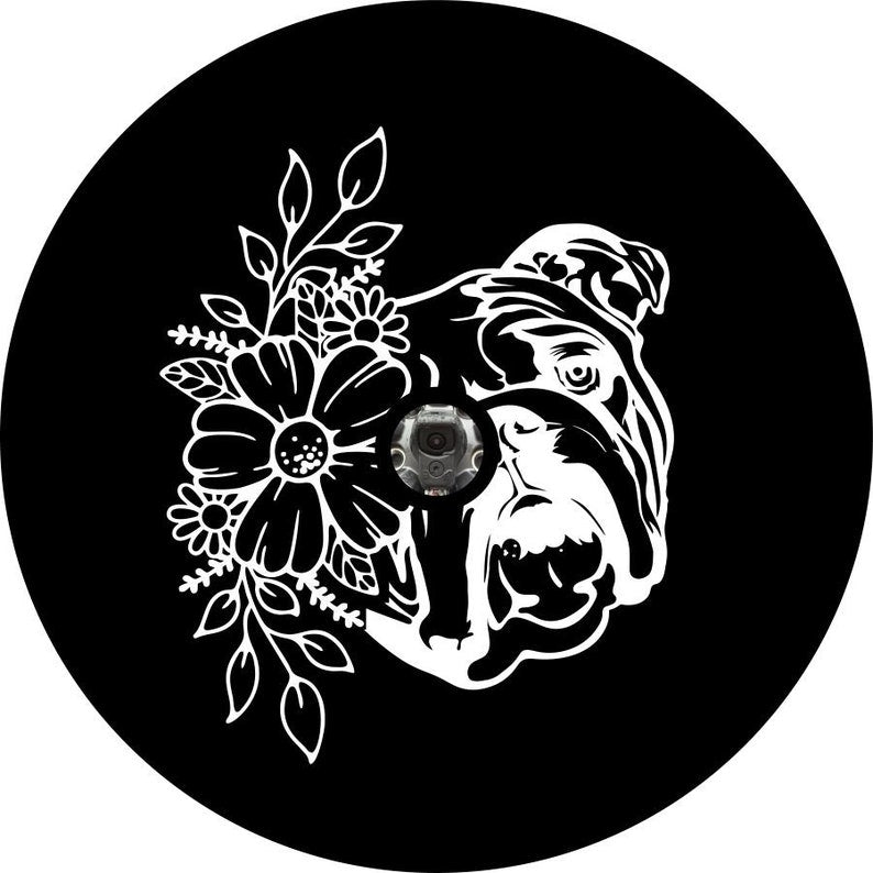 English Bulldog With Flowers Black Spare Tire Cover