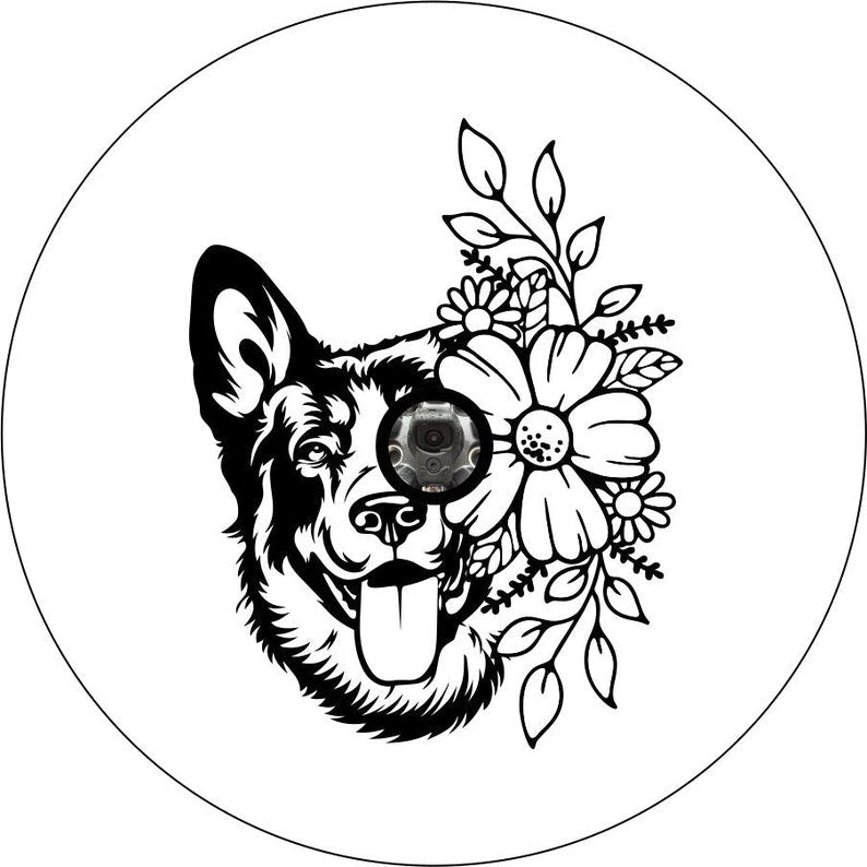 German Shepherd With Flowers White Spare Tire Cover