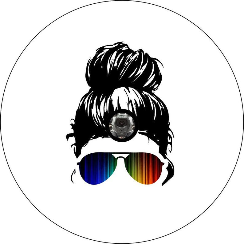 Girl With Sunglasses Rainbow 1 White Spare Tire Cover