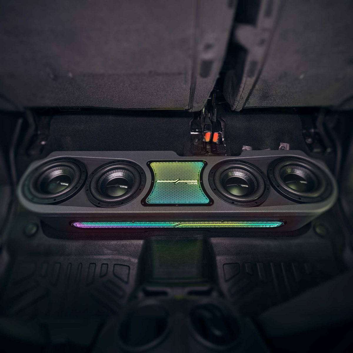 Jeep JT Gladiator Loaded Under Rear Seat Subwoofer Enclosure with 4 X 8" ZR8.2D, Leather Wrapped and Digital LED Lights | 1800 Watts RMS @ 1-Ohm