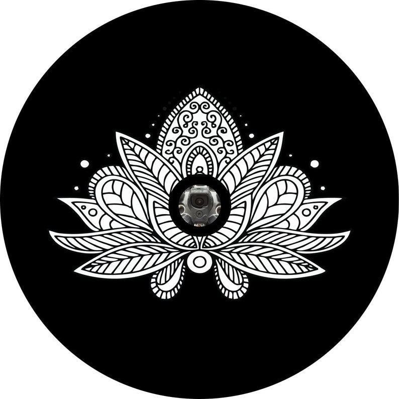 Lotus Flower Mandala Black Spare Tire Cover