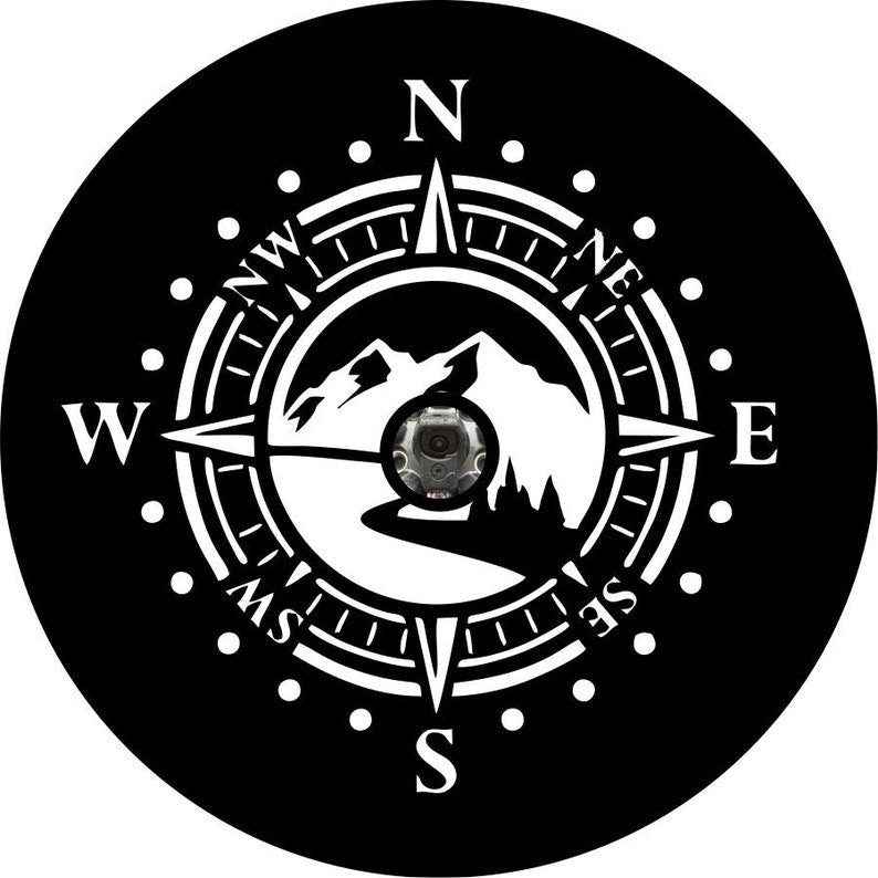 Mountain Road With Compass Black Spare Tire Cover