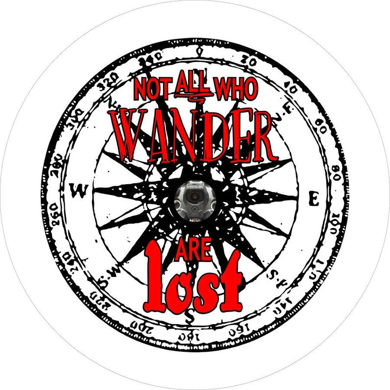 Not All Who Wander Are Lost Compass White Background & Red Spare Tire Cover