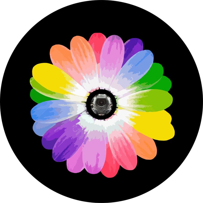 Rainbow Daisy Flower Black Spare Tire Cover