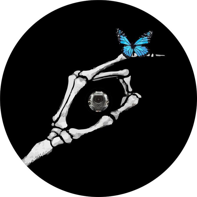 Skull Hand With Teal Butterfly Spare Tire Cover