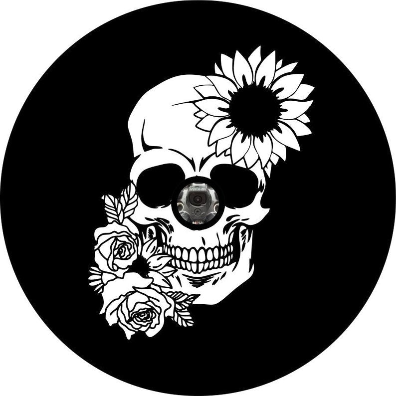 Sunflower & Rose Floral Skull Black Spare Tire Cover
