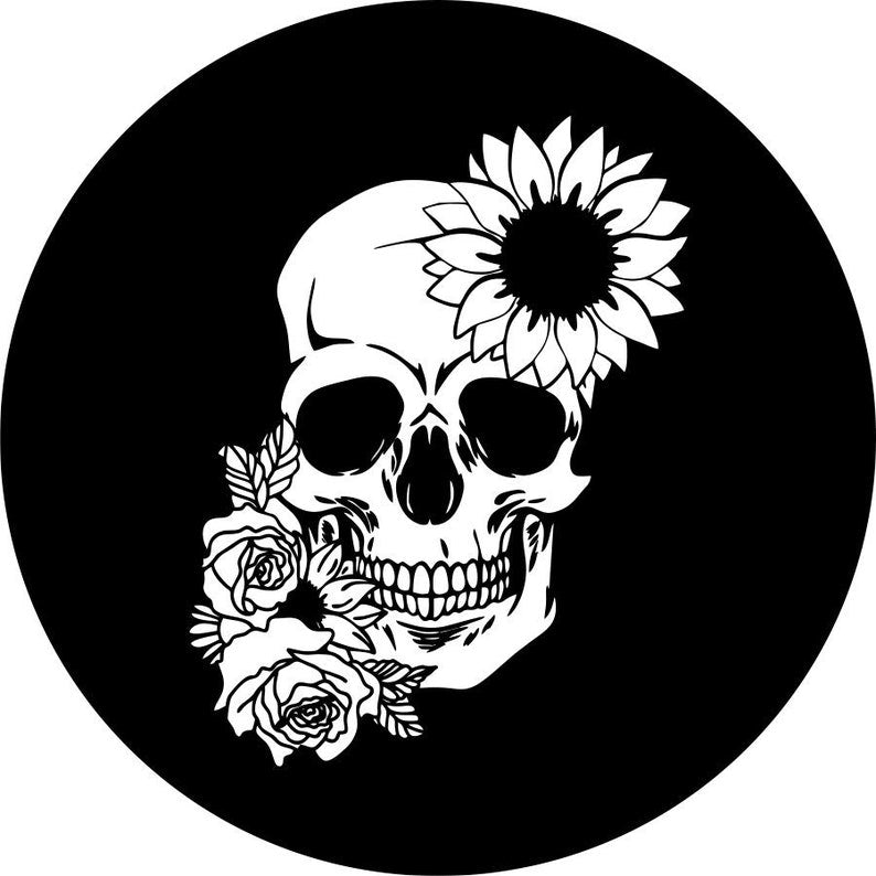 Sunflower & Rose Floral Skull Black Spare Tire Cover