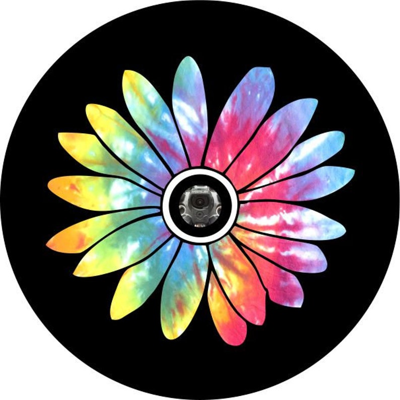 Tie Dye Daisy Flower Black Spare Tire Cover