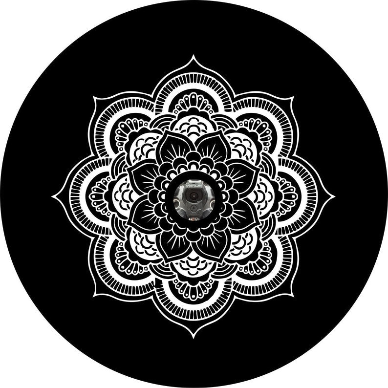 White Mandala With Black Rim Spare Tire Cover