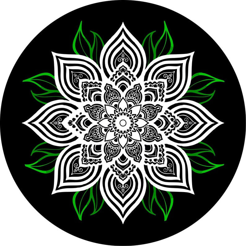 White Mandala Flower With Green Spare Tire Cover