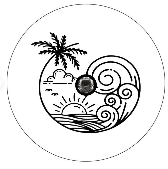 Big Wave At Sunset With Palm Tree White Spare Tire Cover