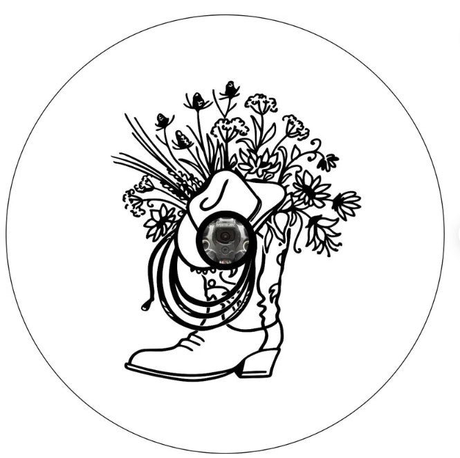 Cowboy Boot With Hat & Flowers White Spare Tire Cover