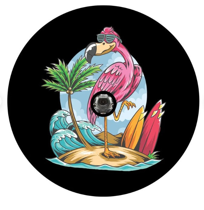 Flamingo On The Beach Spare Tire Cover