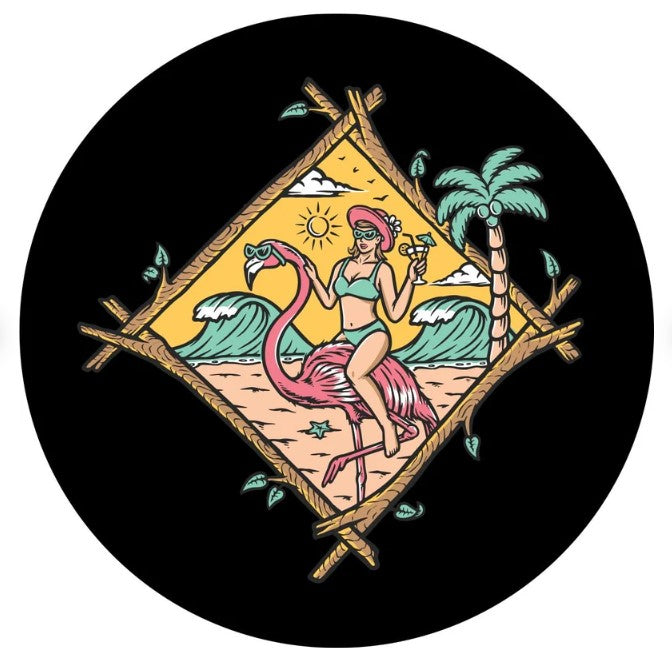 Girl On A Flamingo At The Beach With A Drink Spare Tire Cover