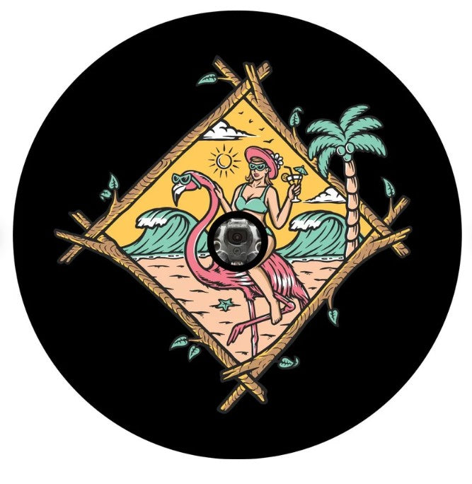 Girl On A Flamingo At The Beach With A Drink Spare Tire Cover