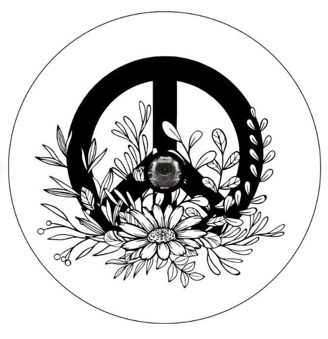 Hippie Peace Sign With Flowers White Spare Tire Cover