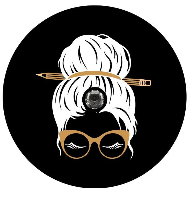 Messy Bun Teacher With Pencil & Sunglasses (Any Color) Spare Tire Cover
