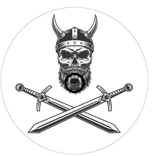 Nordic Viking Warrior Skull & Swords White Spare Tire Cover