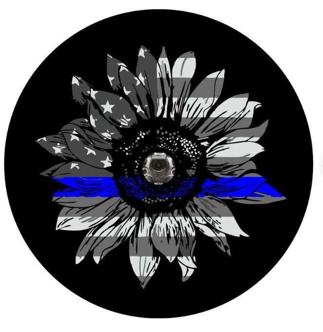 Sunflower American Flag Thin Blue Line Spare Tire Cover