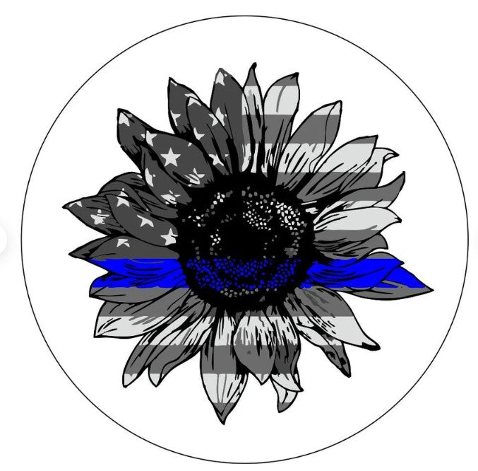 Sunflower American Flag Thin Blue Line White Spare Tire Cover