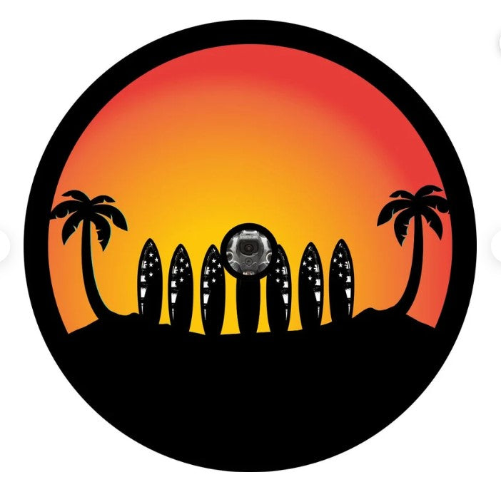 Surfboard Line Up Under Palm Trees Tire Cover