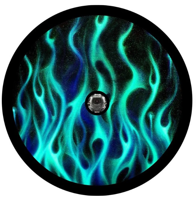 Teal Fire Flames Spare Tire Cover