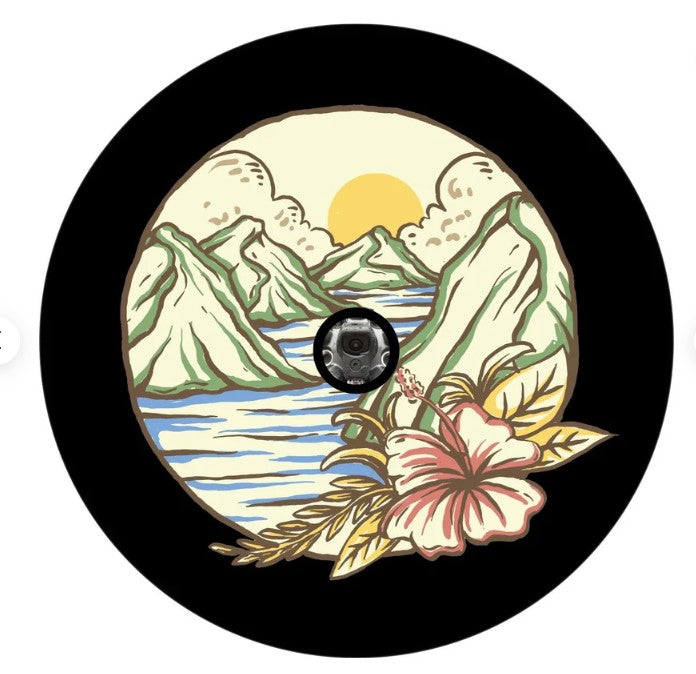 Vintage Beach With Tropical Flower Spare Tire Cover